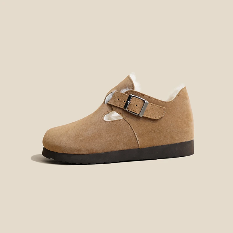 

2024 Winter New Women's Flats Clogs Cow Suede Warm Plush Outdoor Retro Buckle Cotton Shoes Casual Leather Wool Comfort Mules