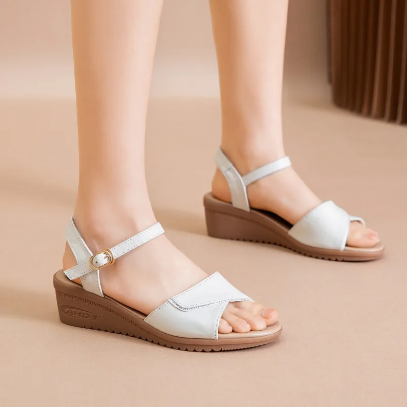 Concise Sling Back Sandals Woman Leather Wedged Shoes Women's Summer Platform Peep Toe Flat Sandal Mother Pregnant Women Shoes