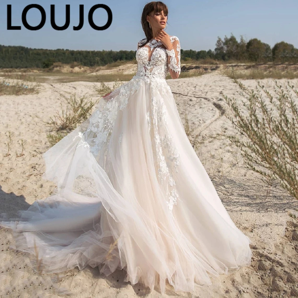 

LUOJO A-line Wedding Dress O-Neck Full Sleeves Sexy White Appliques Lace Back Pearl Vestido De Novia Bride Dresses Robe Mariee