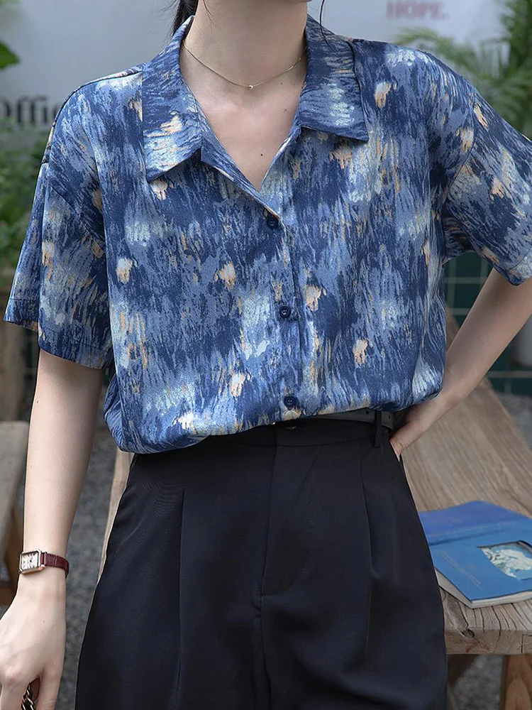 

Tie-dye Retro Top Printed Short Sleeve Shirt Women' Blouse Turn-Down Collar Single-Breasted Fashion Button Up Top Female