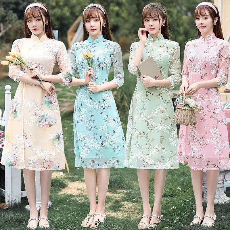 Лето 2023 Повседневное платье средней длины AoDai Ципао современное традиционное