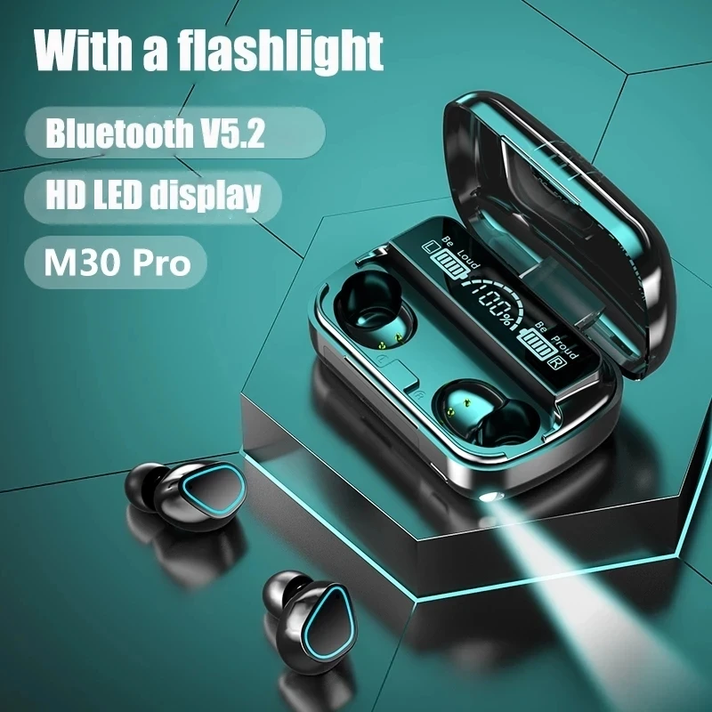 

M30 Tws Bluetooth Earphones 5.2 9D Stereo Headphones with Flashlight Wireless Earbuds Waterproof Noise Reduction Music Headset
