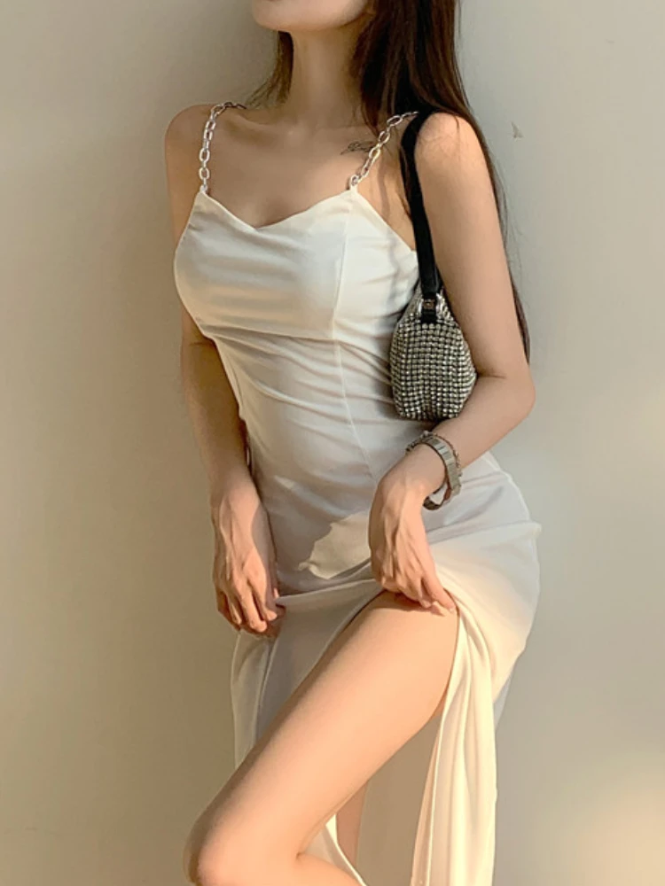 

Summer Women Soild Chain Spaghetti Strap Dress Female Backless Split Sexy Clothing Elegant Club Vestdios