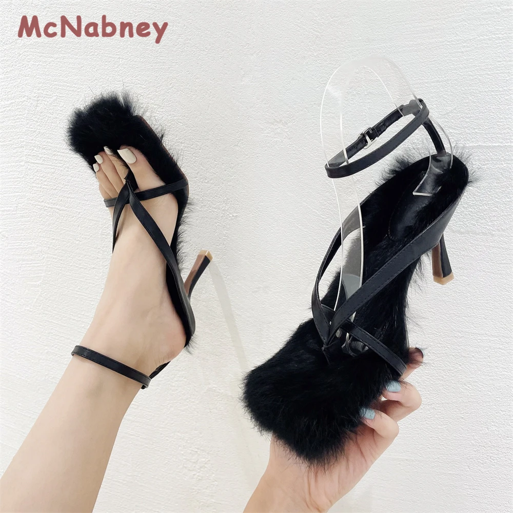 Summer Thin Heel Sandals Women Square Toe Fur Flip Sandals Wedding Dress Shoes Fashion Buckle Strap Stiletto Heels Peep Toe Sexy