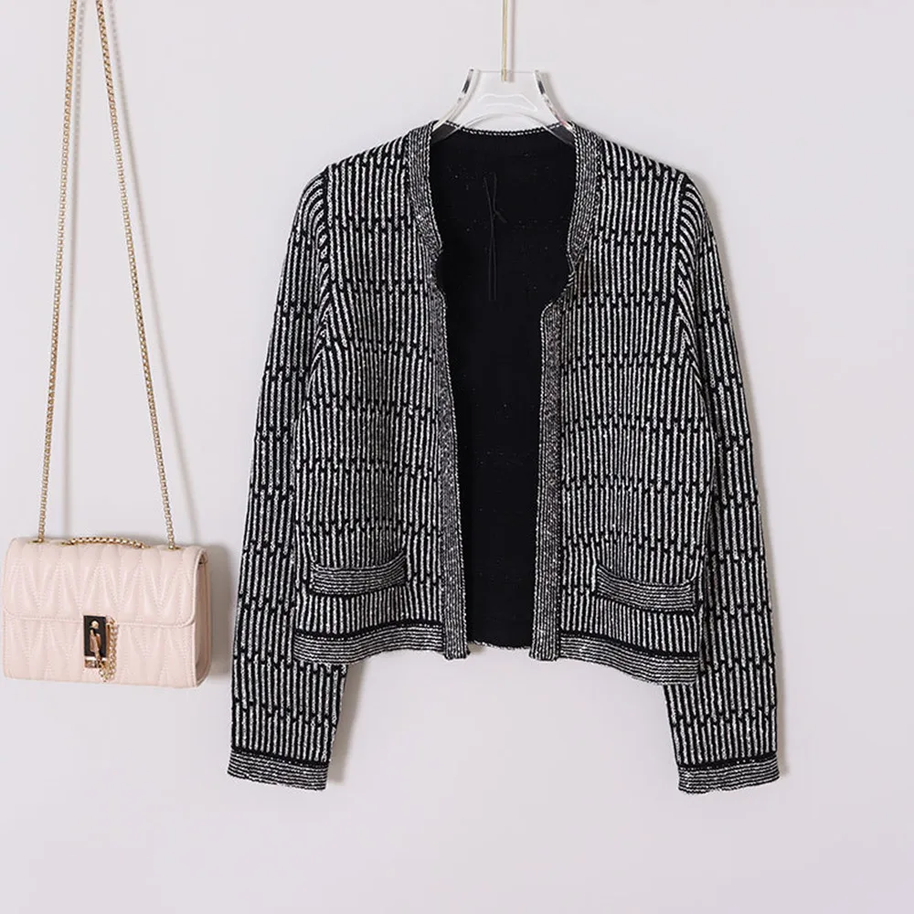 

Autumn Europe Women's High Quality Sequins Knitted Coat Elegant Stripe Cardigans Top F034