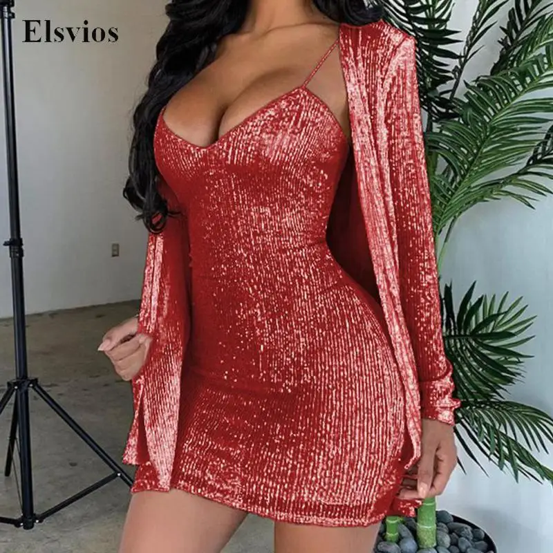 

Сексуальные вечерние костюмы с блестками и глубоким V-образным вырезом, модный кардиган, пальто и мини-платье на бретельках, элегантное обле...