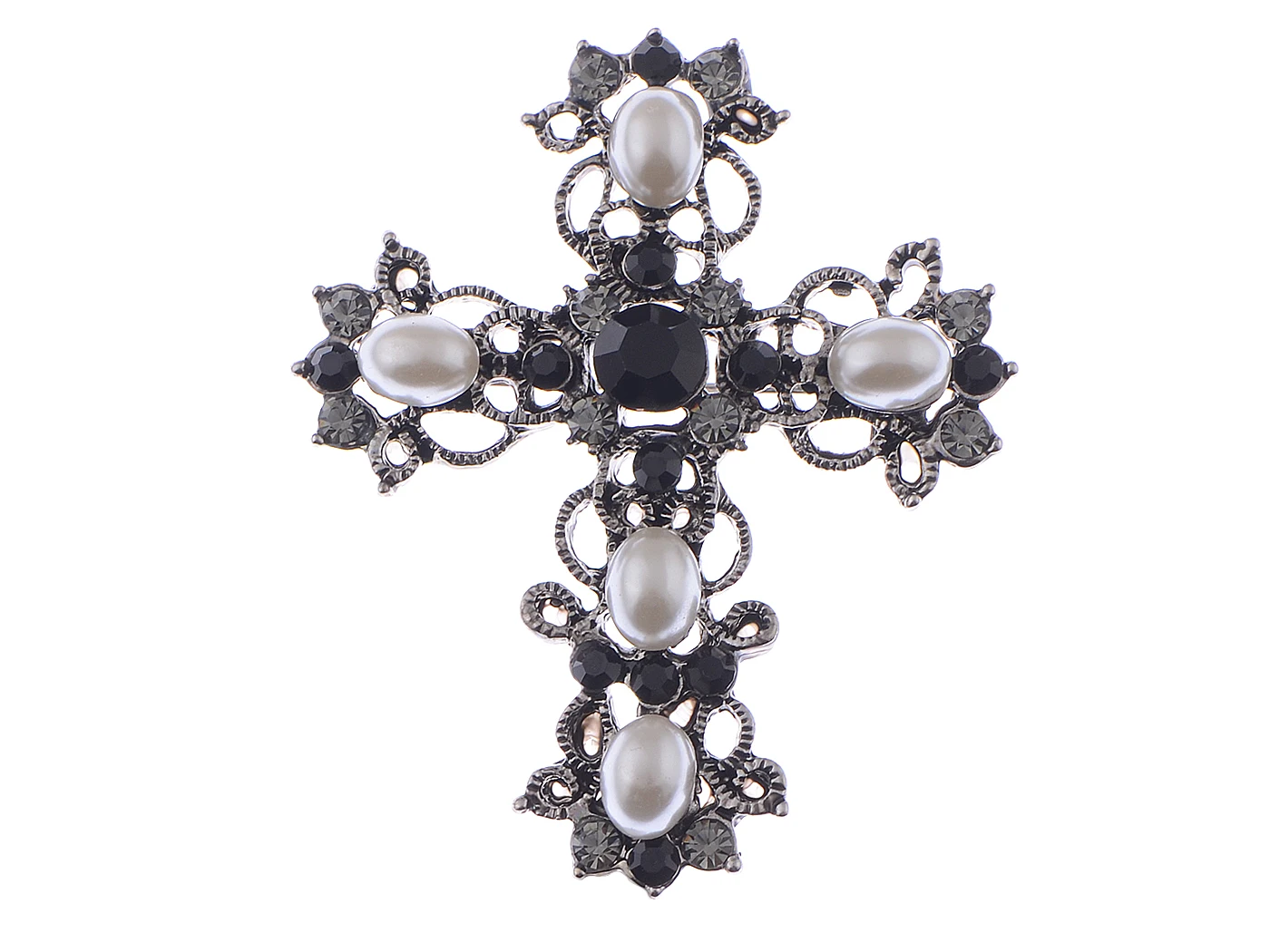 

Antique Gunmetal Tone Faux Pearls Black Rhinestones Pastel Holy Cross Brooch Pin Pendent