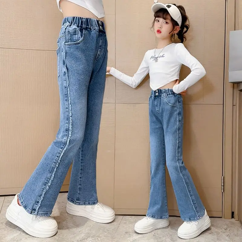 2023 джинсы для девочек, одежда для малышей, джинсовые брюки, Элегантная Модная уличная одежда, Детские прямые брюки для девочек G153