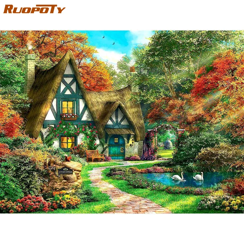 

RUOPOTY Рисование по номерам для взрослых, лесовый домик, акриловая краска, холст, рисование 60x7, 5 см, искусственный декор, гостиная