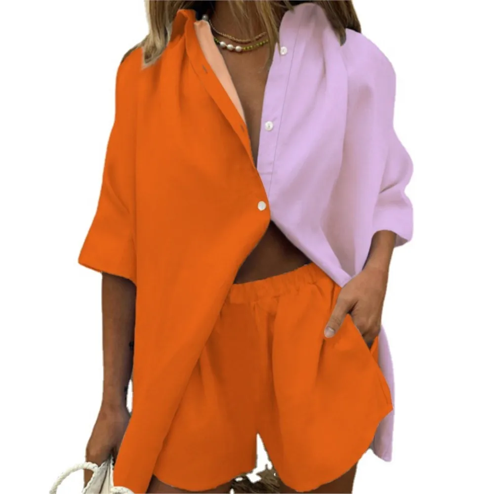 Однобортный топ с длинными рукавами + шорты широкими штанинами трендовые женские