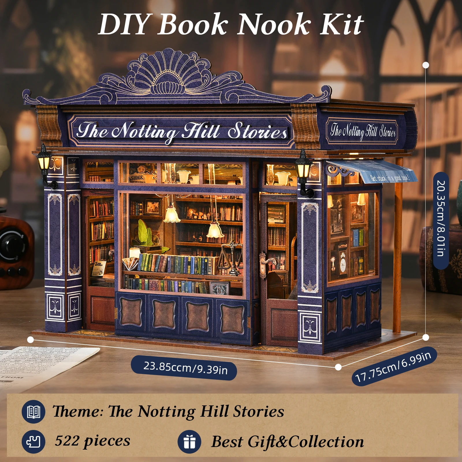Фото DIY Book Nook Kit Notting Hill Bookstore Деревянный книжный магазин Кукольный домик со вставкой для книжной полки 3D Декор-головоломка для подарка №2