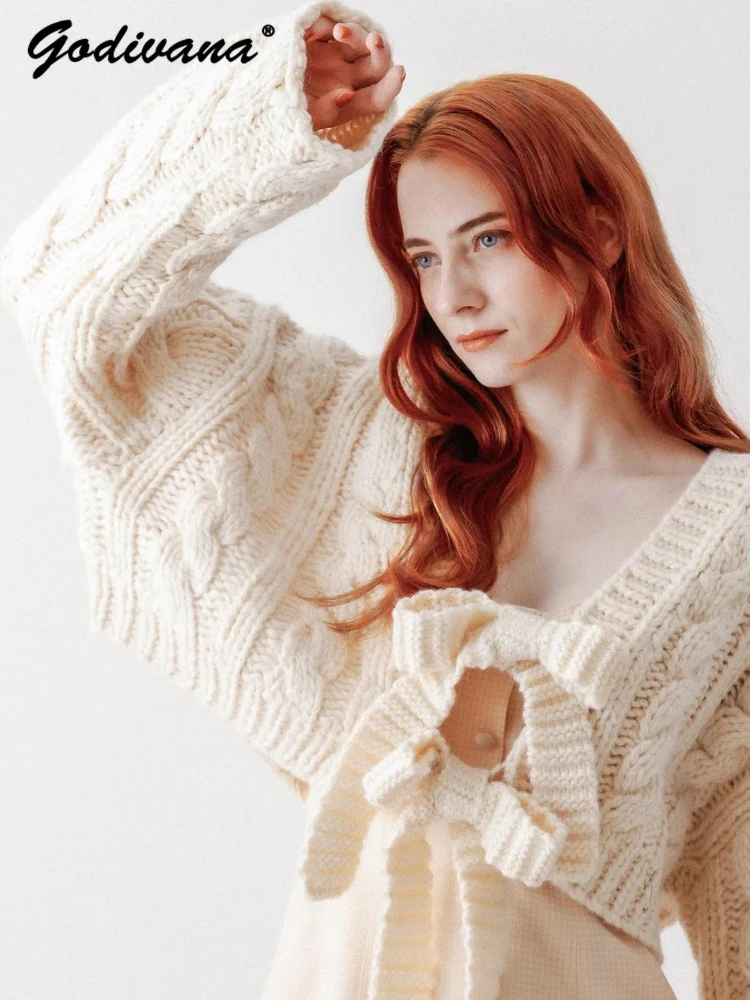 Новый японский осенне-зимний милый вязаный свитер с бантиком на бретельках