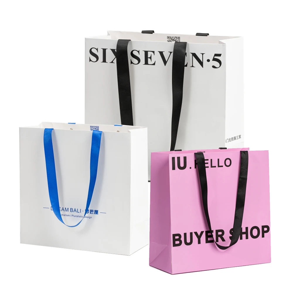 Wholesale 100pcs Apparel Tote Bags Luxury Ribbon Handle Paper Bags bespoke logo Jewelry Packaging Gift Bags