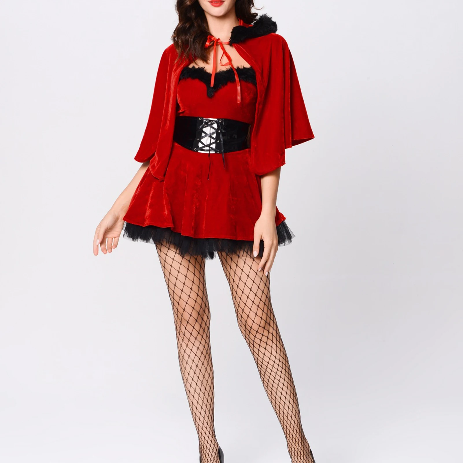 

Women Christmas Mini Dress with Belt Hooded Cloak Ladies Christmas 2 Pieces Set Festival Style High Waist Half Sleeve Daily Suit