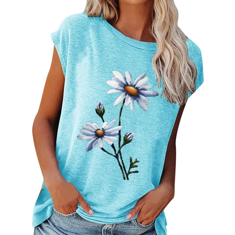 

2022 Summer Tee Shirt Women Round Neck Short Sleeve Casual Flower Print Vintage Tops Pullover Female Elegant Streetwear T-shirts