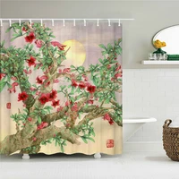 chinese style flower bird shower curtain geen leaf tree red flower waterproof polyester bathroom bath curtains with hooks decor
