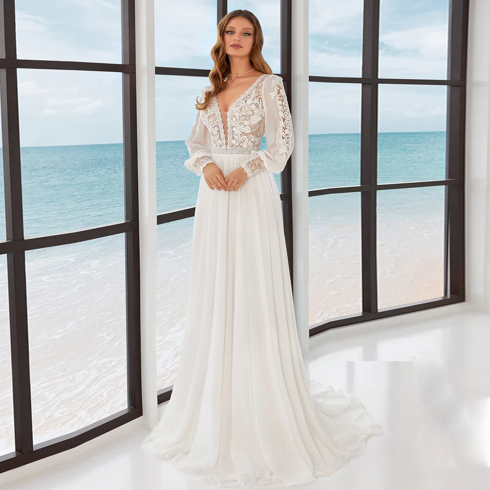 

Boho Wedding Dress New Arrival V Neck Long Sleeves Bohemian Lace Chiffon A Line Bridal Gown Illusion Beach Wedding Dresses