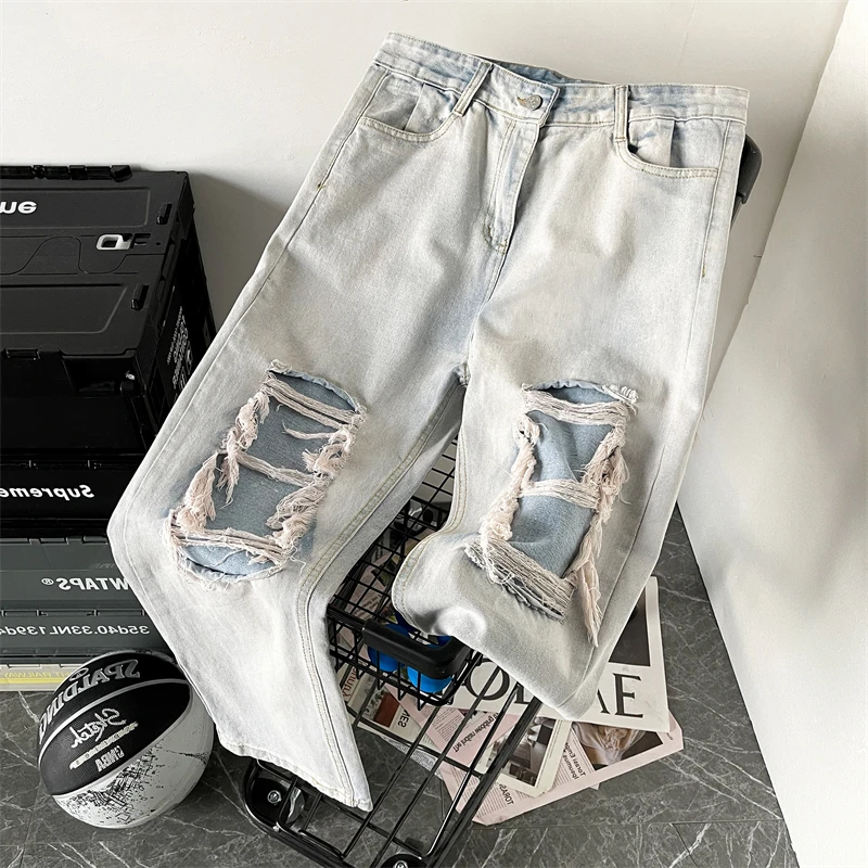 

Ripped Jeans Men and Women High Street Ins Beggar Personality Hiphop Fried Street Loose High Waist Wide Legs Summer Streetwear