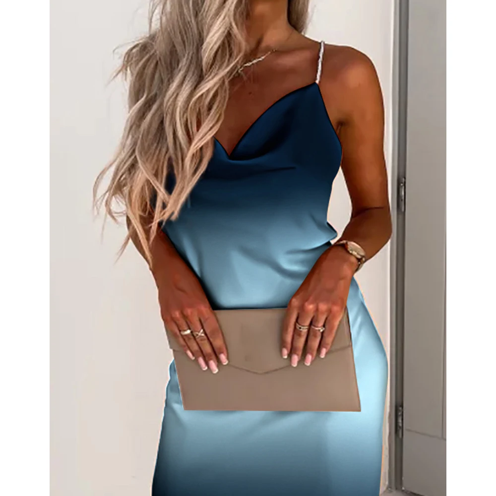 

Women Dress V Neck Ombre Cowl Neck Sexy Backless Satin Loose Casual Party Dress Streetwear Robes 2022 New