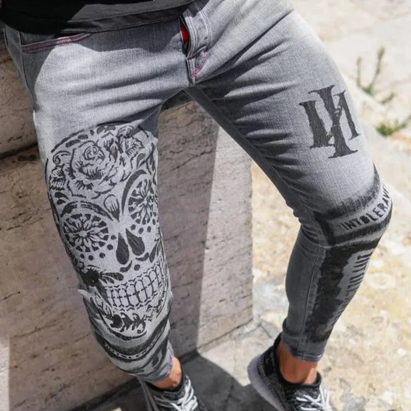 Men Jeans Stretch Denim Skinny Pants Slim Fit Printed Gray Jeans Causal High Wasit Printed Zipper Fly Male Denim Pencil Trousers