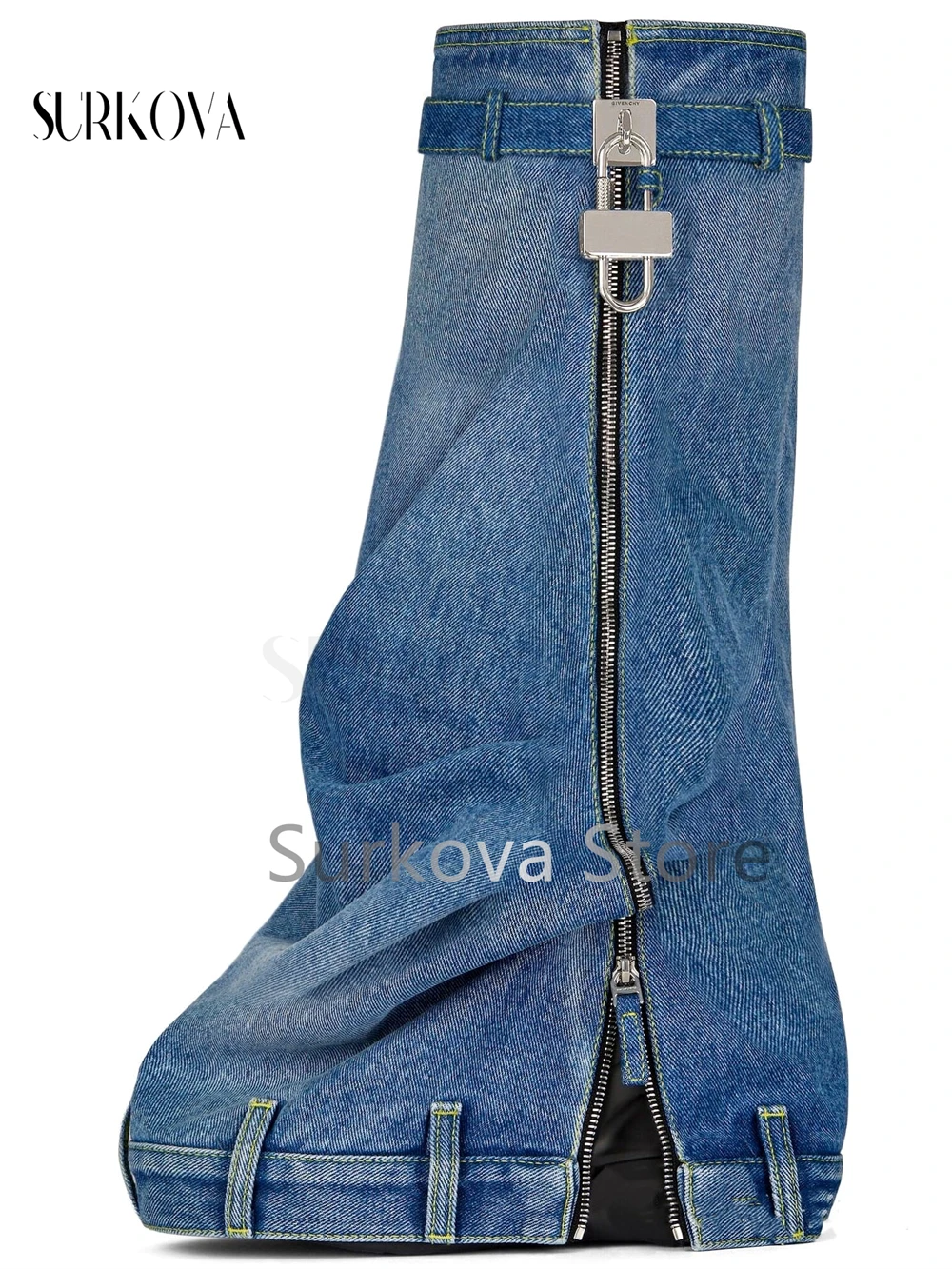 Denim Shark Boots Metal Lock Fashion Motorcycle Boots Ins Trend New Style Knee-High Boots Thick Flat Heel Sexy Women's Shoes