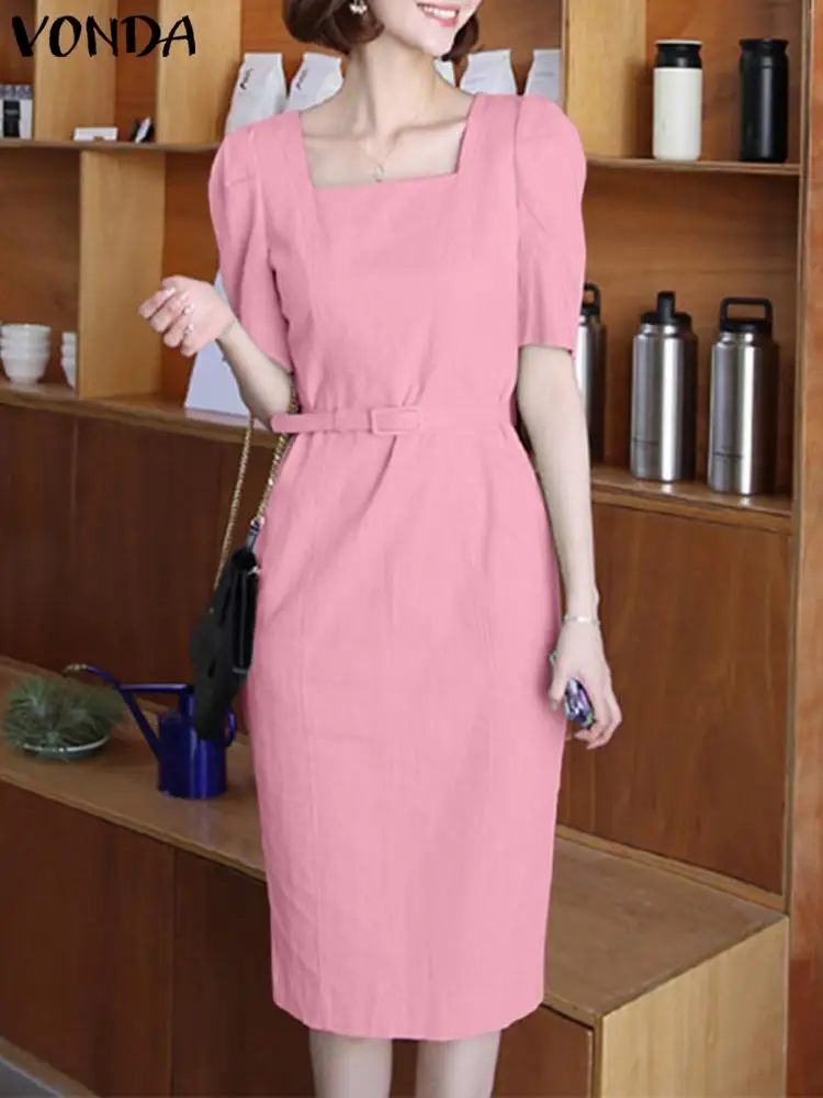 

Elegant Dress VONDA 2023 Women Square Collar Midi Dresses Summer Sundress Casual Short Puff Sleeve Solid Color Party Vestidos