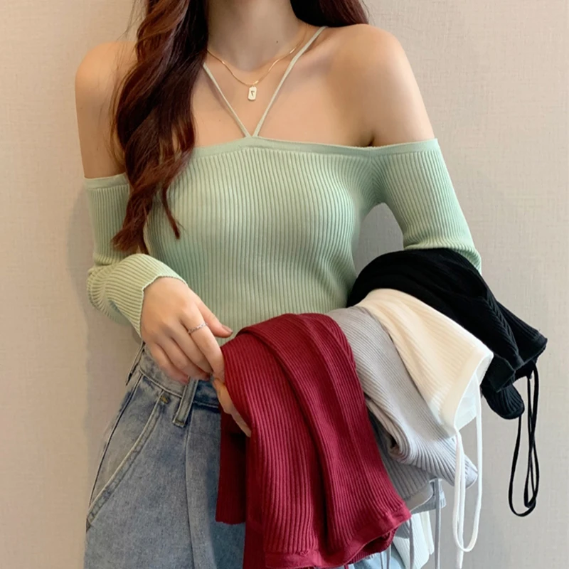 

Harteen Stylish Slim Without Shoulder Crop Sweater Long Sleeve Female Chic Knitted Short Tops Soild All-match Girl Sweaters Top