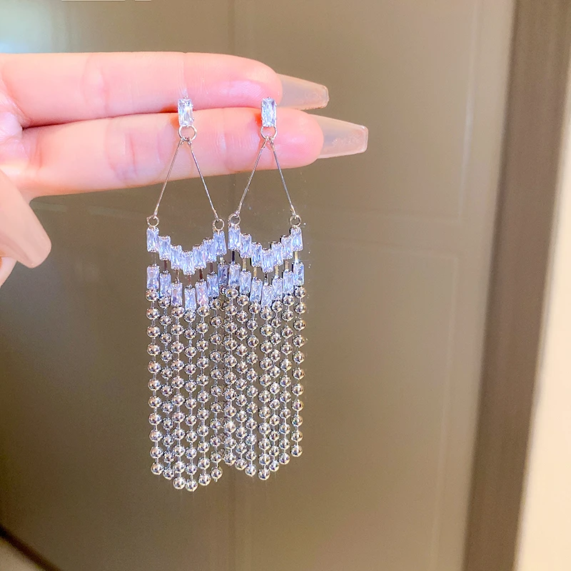 

DREJEW Silver Color Copper Beaded Tassel Earrings for Women 2023 New Trendy Zircon Dangling Earring Women's Fashion Ear Jewelry