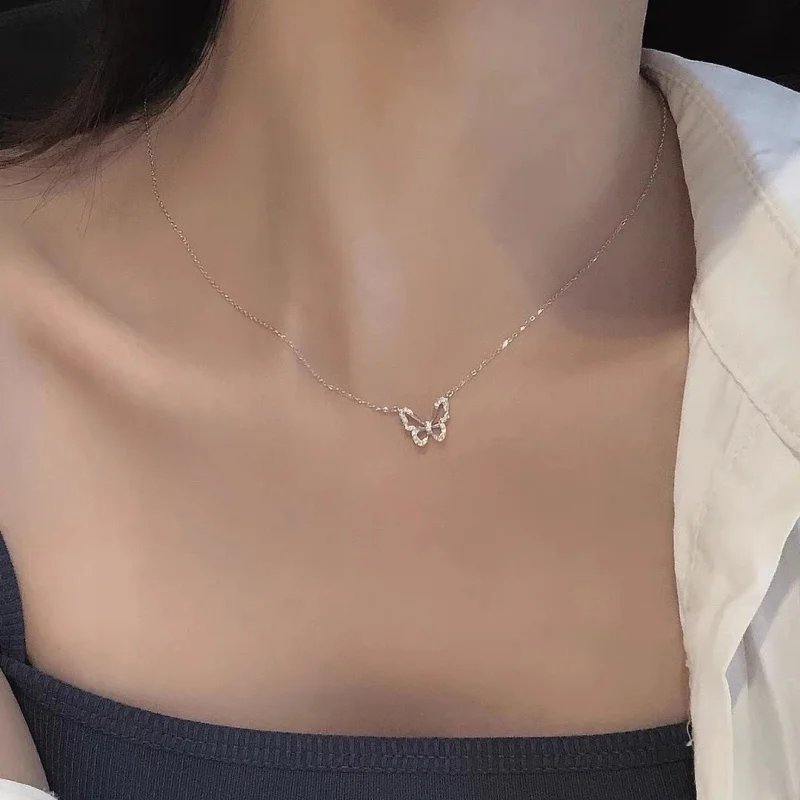 

Korean Style Hollow Butterfly Shining Zircon Necklace Heart Choker Pendant Necklace Women 2022 Fashion Party Jewelry Gifts