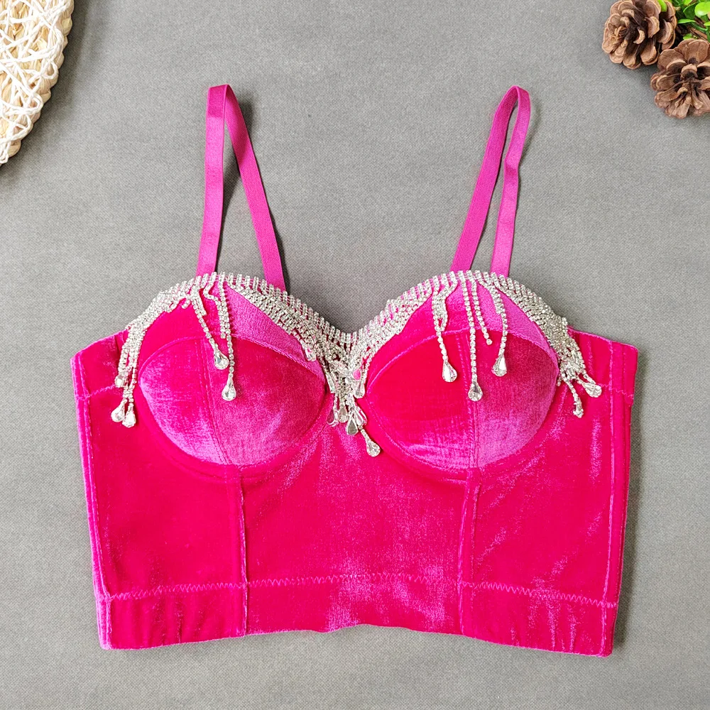 Бархатный сексуальный корсет моделирующий блестящий бюстье топ с кисточками для