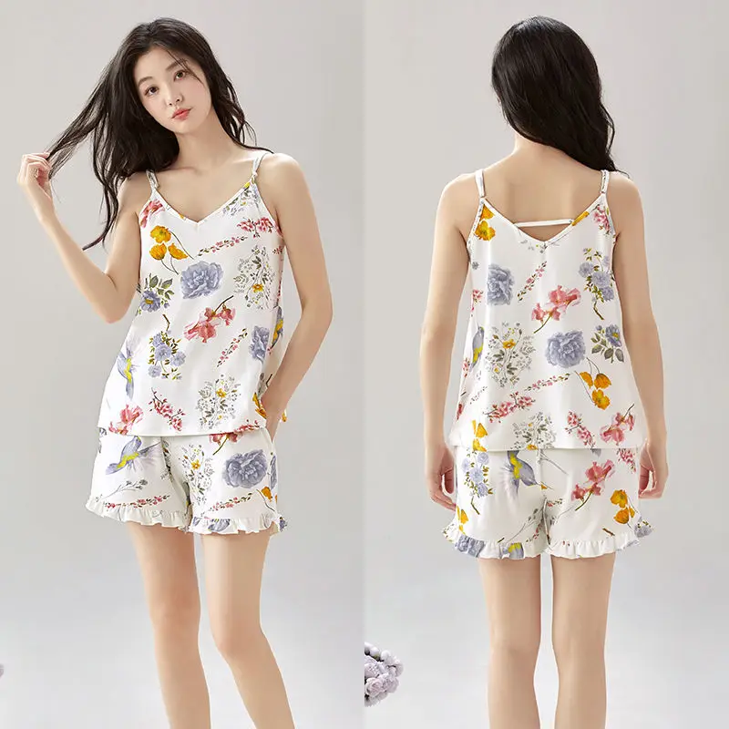 Пижама женская на бретелях тонкий бюстгальтер без рукавов лето
