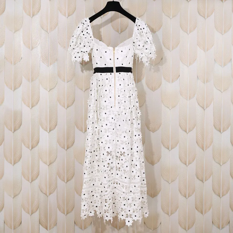 

Women Midi Robe Hollow Out Dot Slim Splicing Casual Dress