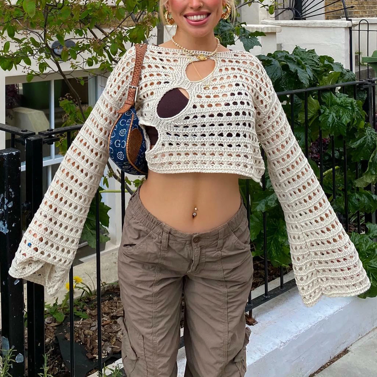 

Womens y2k Cover Up Hollow Out Long Flared Sleeve Crochet Knitted Crop Tops Boho Y2K Tee Loose T shirts for Teen Girls