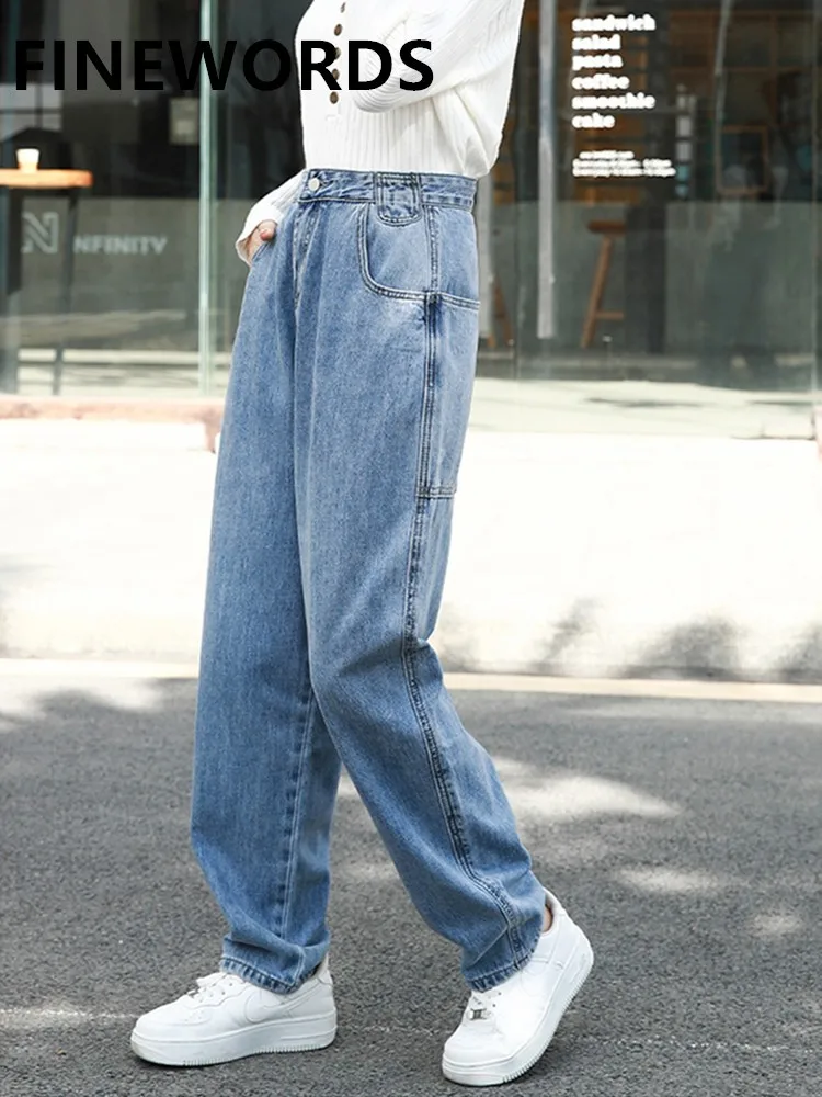 

FINEWORDS Wide Leg Korean Jeans Women High Waist Loose Classic Blue Vintage Mom Jeans Casual Plus Size Denim Pantalon Jean Femme