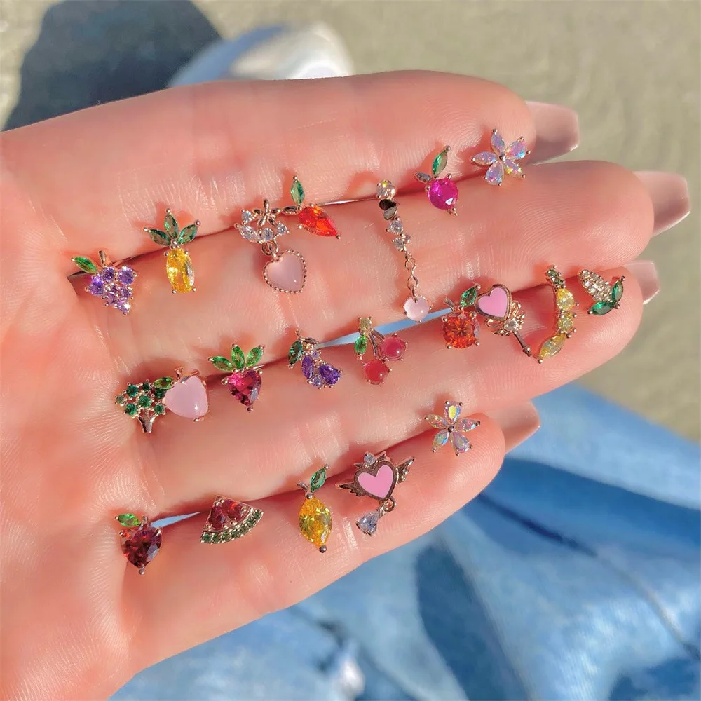

1Pair Ins Zircon Fruit Stud Earrings For Women Girls Cute Cherry Strawberry Banana Apple Peach Stud Earrings Jewelry Gifts