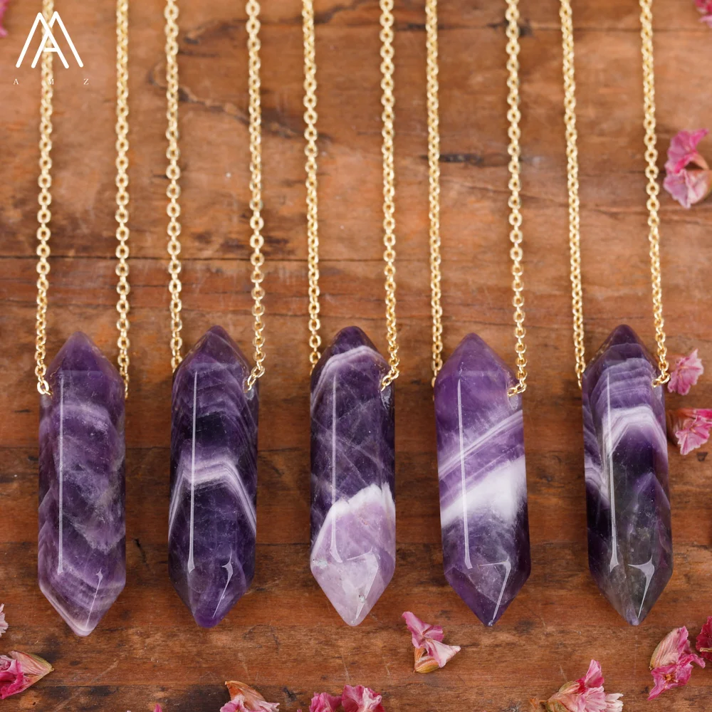 Mineral Amethysts Crystal Stick Point Pendant Necklace Fashion Women Terminated Gemstones Boho Summer Necklace Gift For Her