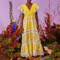 flowers yellow dress summer new stitching lace print v neck waist slimming dress lace wavy elegant loose pleats wedding ceremony