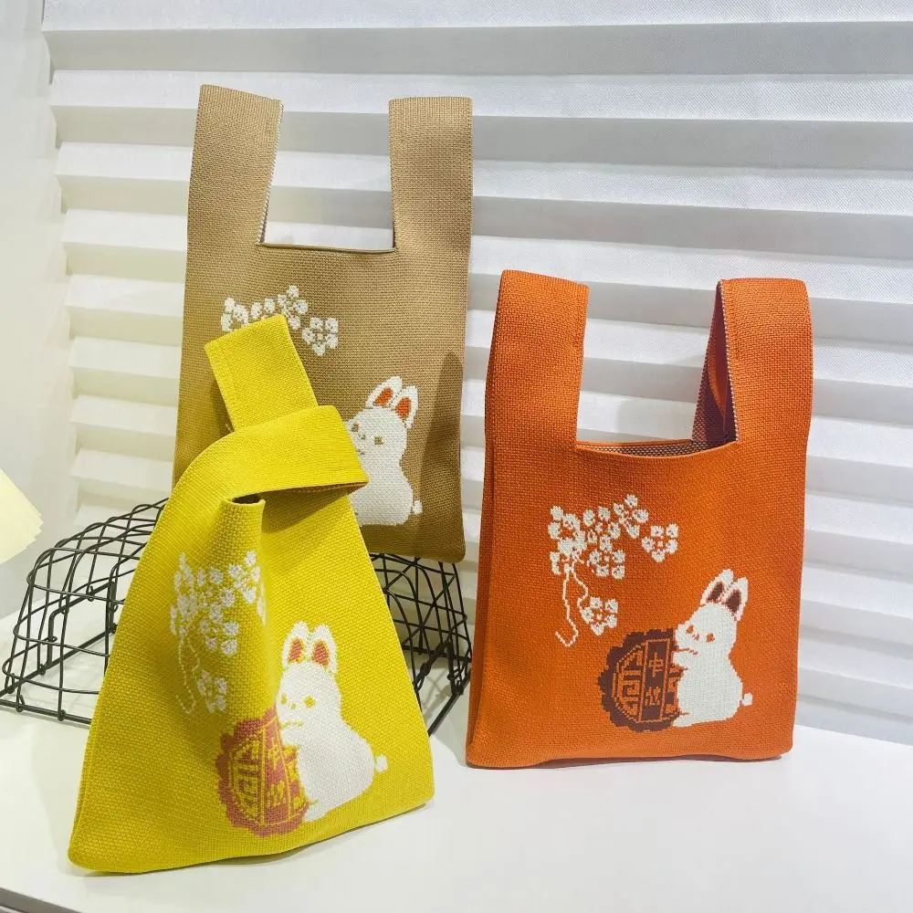 

Cartoon Knit Handbag Reusable Cute Moon Rabbit Tote Bag High-capacity Knit Knot Wrist Bag Student