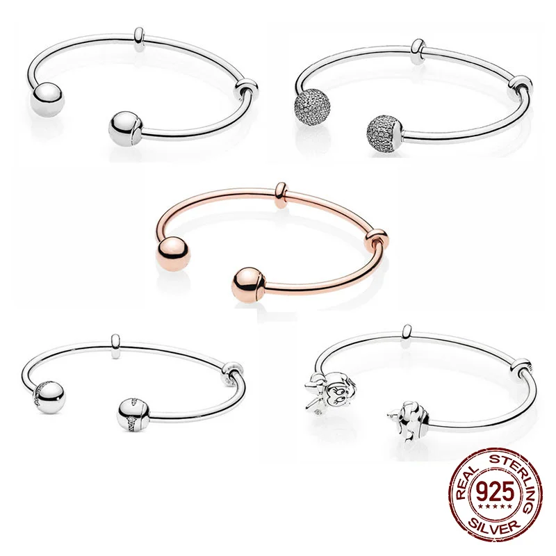 

925 Sterling Bracelet Fit Original Pandora Charms Heart T-Bar Cuff Chain Sparkling Disc Clasp Snake Chain Bracelet Women Jewelry