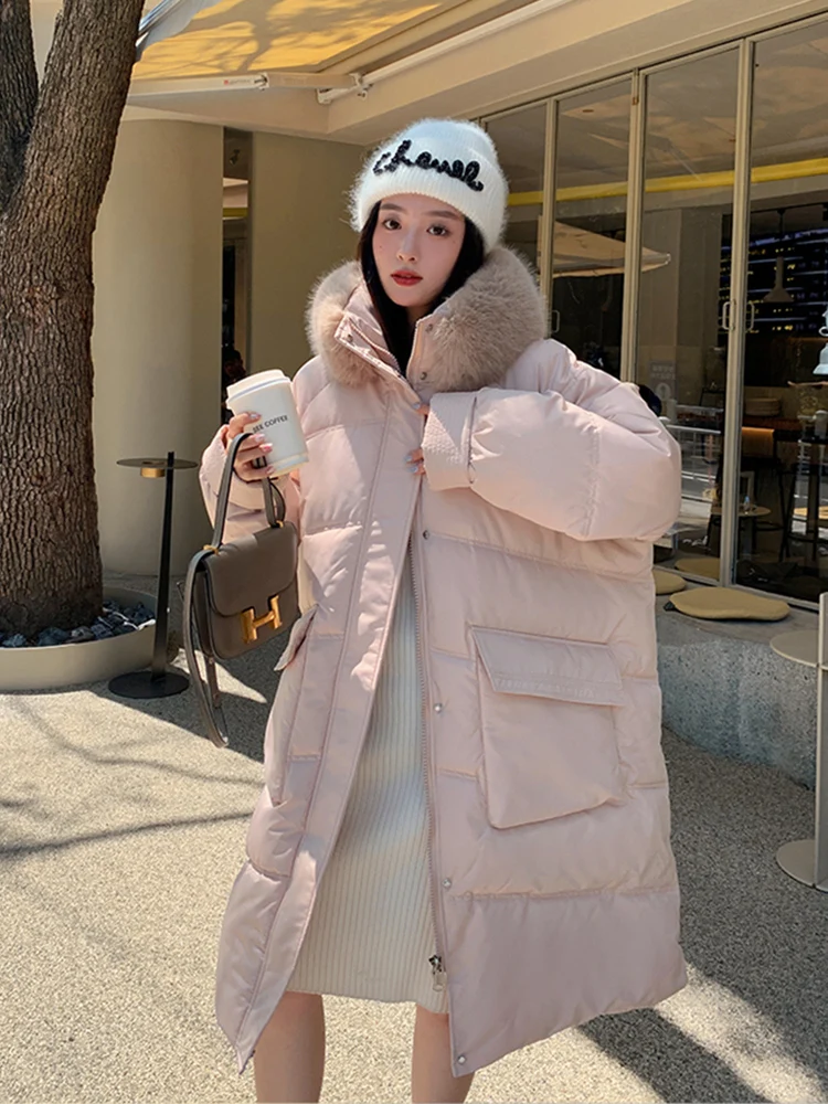 

Зимняя розовая длинная парка, Женская куртка, корейская мода 2022, элегантная женская шикарная куртка с меховым воротником и большими карманами, пуховые куртки большого размера