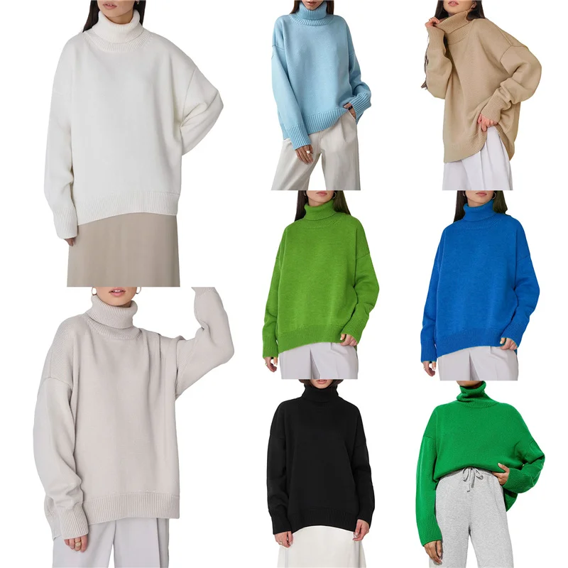 

Женский осенне-зимний Повседневный теплый вязаный свитер, однотонные трикотажные пуловеры с длинным рукавом и высоким воротником, один раз...