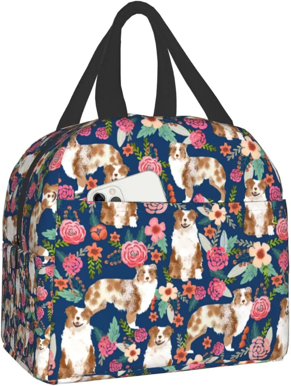 

Floral Australian Shepherd Dog Lunch Bag Waterproof Insulated Reusable Meal Bag Lunch Box Food Drinks Container Work School