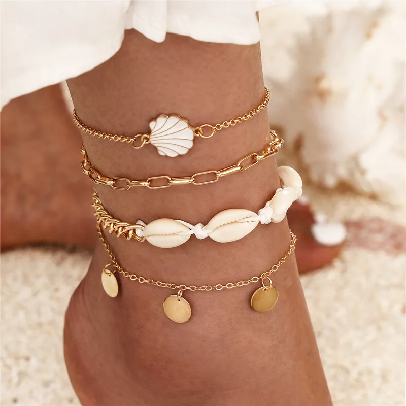 

4pc/set Bohemia Shell Chain Anklet Sets For Women Sequins Ankle Bracelet On Leg Foot Trendy Summer Beach Jewelry Gift