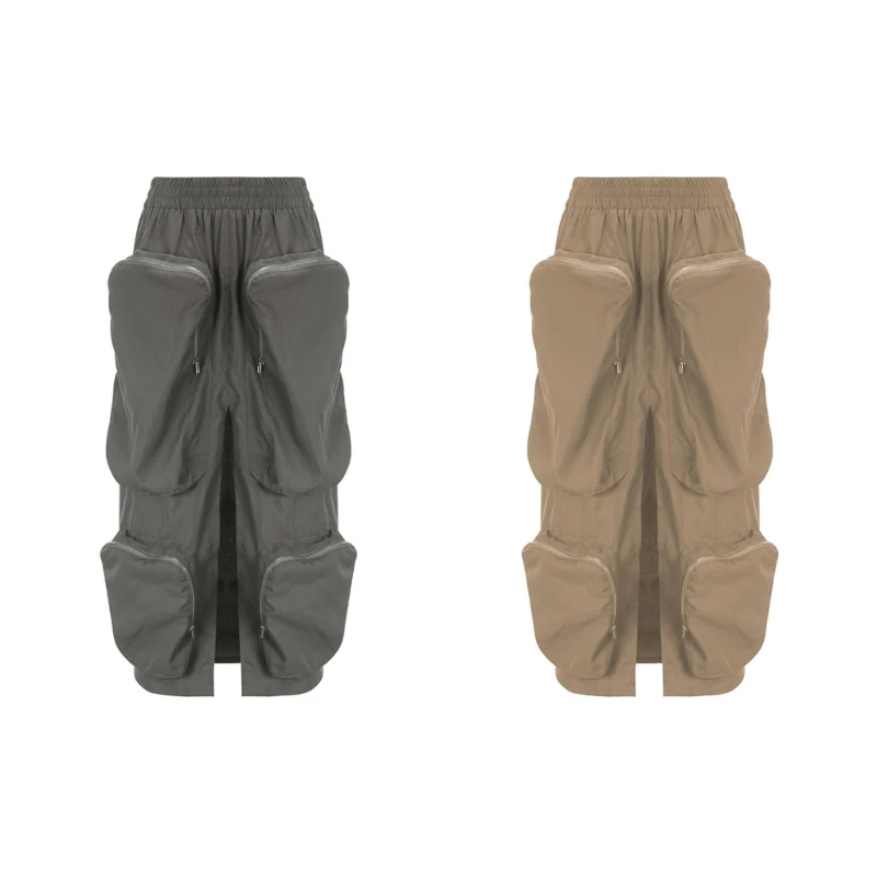 

Women Harajuku Vintage High Waist Split Front Pockets Long Straight Cargo Skirt Drop shipping