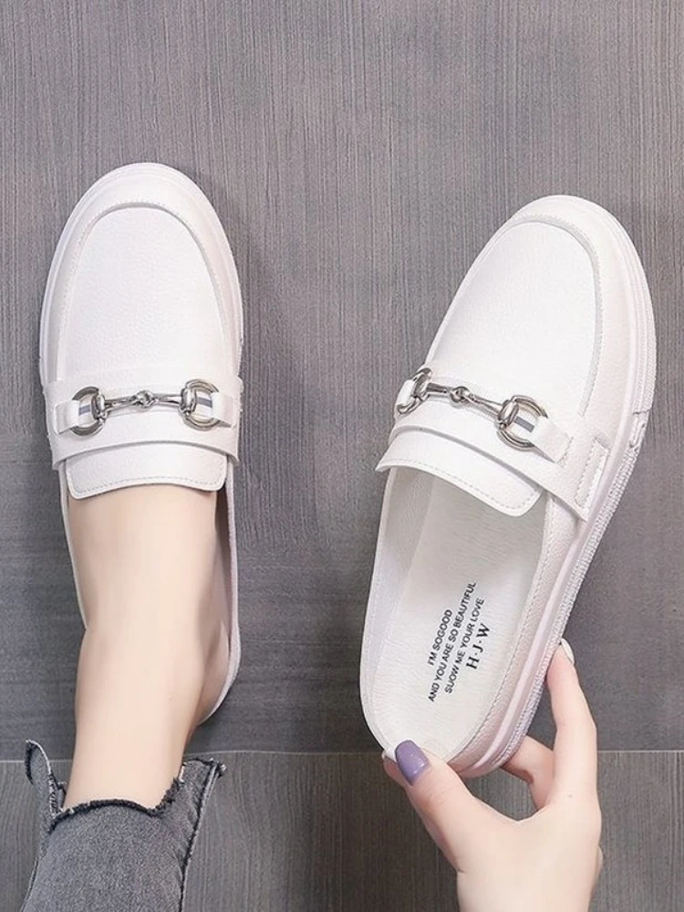 Mules Slippers Women Summer Little White Half Slippers Women 's New Net Versatile Student Flat Bottom Breathable Cool Slippers