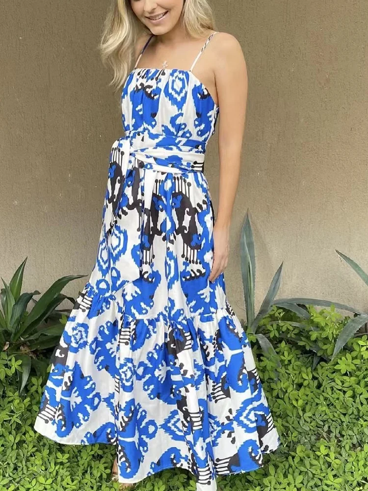 

Retro spring and summer women's sling tube top one-word tie stitching lotus leaf large swing print one-piece beach dress