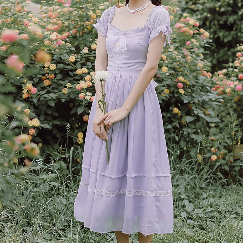 

Purple Round Neck Lotus Leaf Sleeve French Embroidery Fashion Temperament Female Summer New Princess Beautiful A-Line Dress