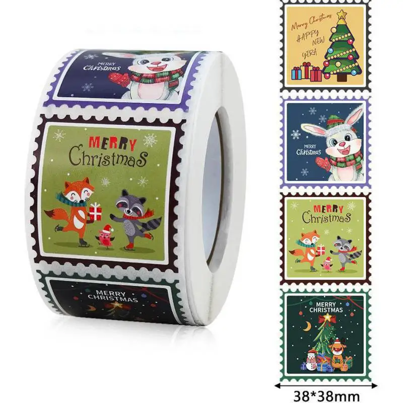 

500pcs Merry Christmas Stickers 3.8cm Square Christmas Tree Holiday Adhesive Labels for Cards Present Envelopes Seal Box Bag