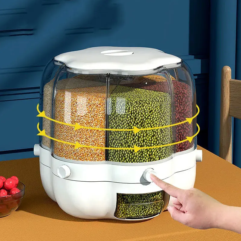 Plastic Grain Containers Cereal Dispenser Sealed Crisper 360° Rotating Grain Rice Tank Storage Box Multi Compartments Storage