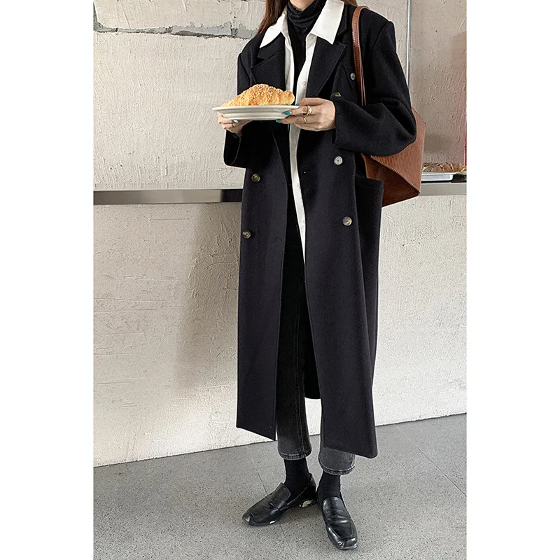 

Женское пальто на весну и осень, теплое пальто в стиле high street, новый стильный темпераментный шерстяной пиджак средней длины с воротником в Корейском стиле